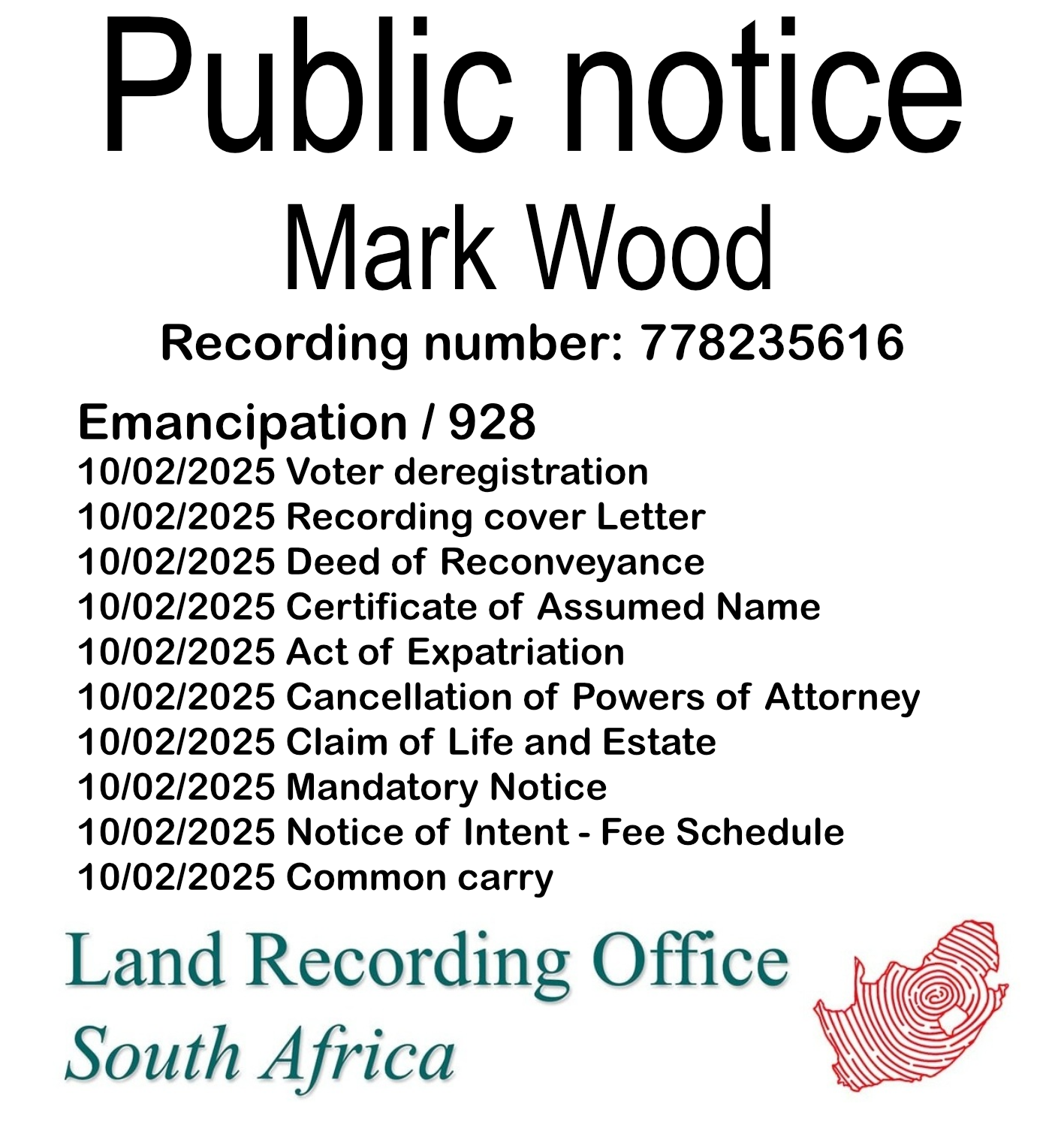 Public notice Mark Wood Recording number 778235616